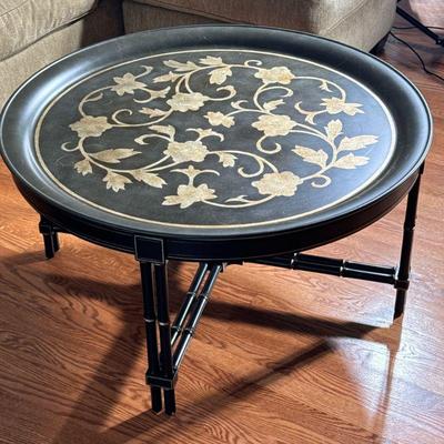 Round Black Lacquered Coffee Table | Metal top With bamboo style legs and support stretcher. - h. 19.5 x dia. 37.5 in

