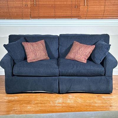 Crate & Barrel Blue Sofa | Dark blue textured chenille sofa with two cushions. - l. 74 x w. 35 x h. 29.5 in (without cushions)

