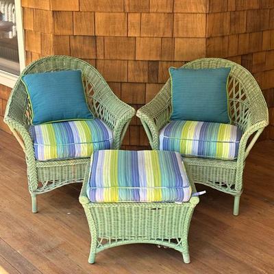 (3pc) Maine Cottage Wicker Armchairs | Green painted outdoor furniture set including a pair of armchairs and a single ottoman (24.75 x 20...