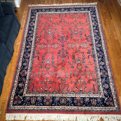 Burgundy & Blue Sarouk Rug | Floral medallion pattern within concentric borders, with fringe at the ends. - w. 6 x l. 8.75 ft...