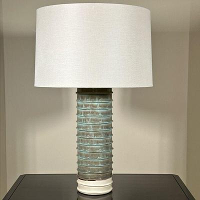 Green Glazed Ceramic Lamp | Green flambé glazed pottery lamp with matching finial and a beige cylindrical shade; vase only h. 16 in. - h....