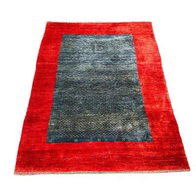 Persian Gabbeh Carpet | Handmade Persian wool rug, having a blue ground within a thick red border. - w. 54.25 x l. 80 in

