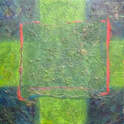 Abstract Oil Painting | Study in Green, oil on canvas, with impasto, in a slim wood frame, titled on verso. - w. 36 x h. 36 in (frame)

