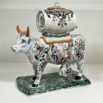 French Quimper Drink Set | Mount Saint-Michel antique cow form carafe with barrel pourer, holding six demitasse cups, marked on the...