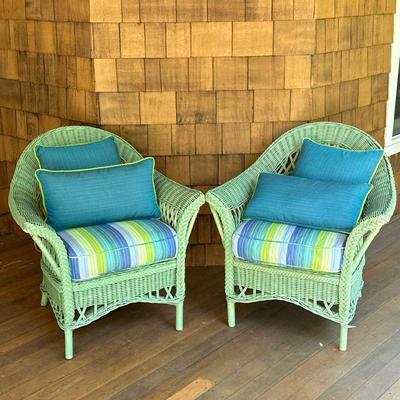 (2pc) Pair Wicker Outdoor Lounge Chairs | Maine Cottage green-painted wicker armchairs with matching green and blue striped seat cushions.

