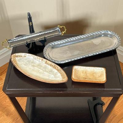 (4pc) Decorative Serving Trays | Including Godinger two-tone metal tray with branch form handles, two wood and mother of pearl dishes,...