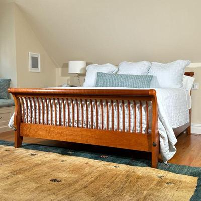 Stephen Swift King Bed Frame | Signed and dated 2001, with curved slatted headboard and footboard. - l. 90 x w. 81.5 x h. 43.5 in...