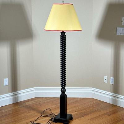 Turned Wood Floor Lamp | Dark brown painted wood barley twist floor lamp on a square base, with a David Fuller tole style painted shade....