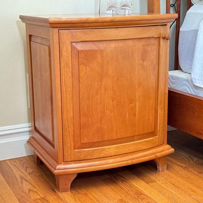 [SIGNED] BESPOKE BOWFRONT CABINET NIGHTSTAND | Artisan made furniture, signed D. Ficken, 2003, bedside table with a single cabinet door...