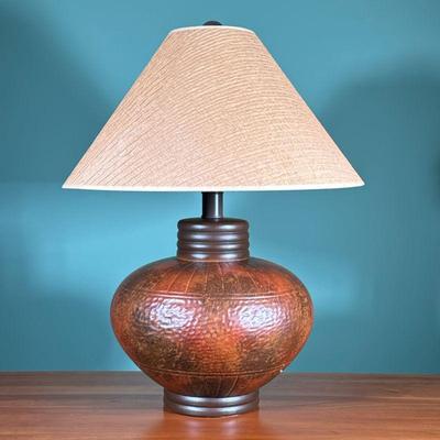 Hammered Metal Table Lamp | Painted and hammered metal table lamp of bulbous form, with a textured shade. - h. 26.5 x dia. 20.75 in (with...