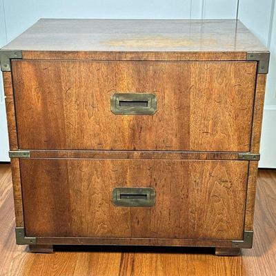 Campaign Bedside Table | Campaign-style nightstand with two drawers, with brass side carrying handles. - l. 24.25 x w. 19 x h. 22.25 in

