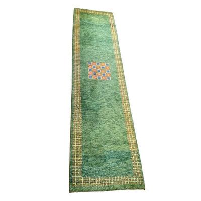 GEOMETRIC GREEN RUNNER | Gabbeh carpet: green wool runner rug with geometric pattern in center & border. - w. 27.5 x l. 114.5 in

