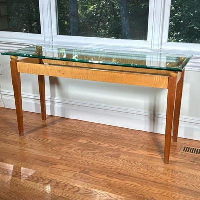 [SIGNED] TIGER MAPLE SPECIMEN WOOD & GLASS CONSOLE TABLE | Clear Lake Furniture, Ludlow VT; Signed Frank Levar(?) and dated 2002,...