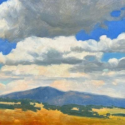 John E. Phillips (20th Century) | Foothills Clouds, oil on board painting by American artist, signed lower left J. Phillips, titled on...