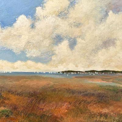 James L. Grabowski (b. 1944) | Landscape harbor scene painting in a mottled metal frame, signed lower right; oil on canvas; sight 23.5 x...