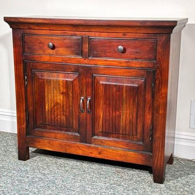 Wood Side Cabinet | Dark wood storage cabinet of nice size, having two drawers over double cabinet doors. - l. 40 x w. 15 x h. 35.75 in

