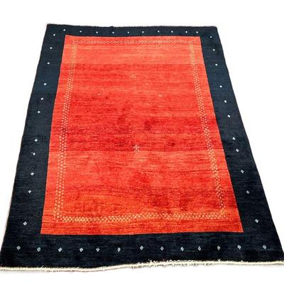 Persian Wool Gabbeh Carpet | Zollanvari Co. hand made Iranian Kashkuli carpet of 100% wool having a red ground within a black border. -...