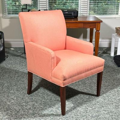 Upholstered Armchair | Light red patterned fabric, on dark wood legs. - l. 30 x w. 27 x h. 38 in

