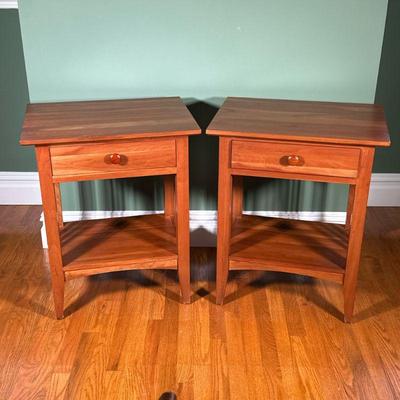 (2pc) Pair Ethan Allen Bedside Tables | Two night stands each with a single drawer over a medial shelf with slatted sides over tapering...