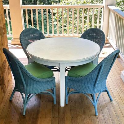 (5pc) Outdoor Dining Suite | Outdoor patio dining table and chairs, including four blue-painted Maine Cottage wicker chairs with green...