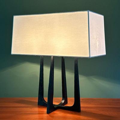 Giacometti Style Lamp | Brutalist metal lamp with a rectangular shade; lamp base only h. 11.5 x 9.5 x 7.5 in. - l. 16.25 x w. 8.25 x h....