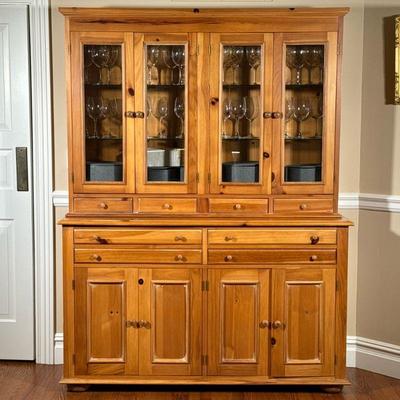 SOUTHERN FURNITURE GLAZED CHINA CABINET | Southern Furniture Reproductions, pine china hutch cabinet with glass doors over four drawers...