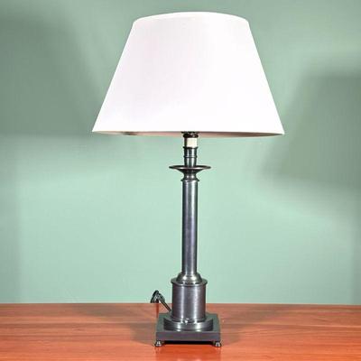 Metal Column Table Lamp | Dark gray metal table lamp with a white shade- heavy! - h. 25.25 x dia. 15 in (with shade)

