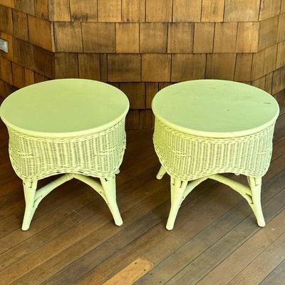 (2pc) Wicker Outdoor Side Tables | Maine Cottage light yellow painted round wicker side tables with wood tops over splayed legs. - h....