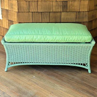 Maine Cottage Wicker Bench | Green-painted wicker outdoor bench with scrolled sides, with a green patterned seat cushion. - l. 48.5 x w....