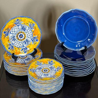 Le Cadeaux Outdoor Dinnerware | Melamine dining set including 12 dark blue plates (dia. 10.75 in.), 8 yellow patterned dinner plates, and...