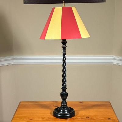 Turned Wood Table Lamp | Black painted wood twisted form table lamp with a painted tole style shade. - h. 32 x dia. 14 in (with shade)

