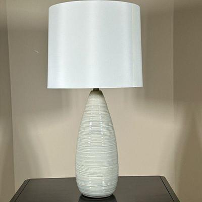 Blue Celadon Table Lamp | Turned ceramic table lamp with blue cracked ice glaze, with a white cylindrical shade; vase only h. 18. - h....