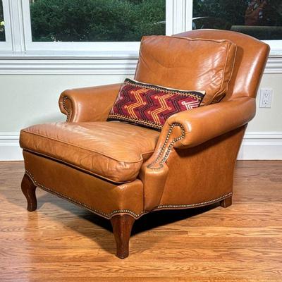 Hickory Chair Co. Cognac Leather Armchair | Hickory Chair Furniture Company leather lounge chair with brass tacks and scroll arms. - l....