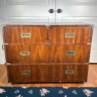 Campaign Style Dresser | With two half-drawers over two full-width drawers. - l. 39 x w. 19 x h. 30.25 in

