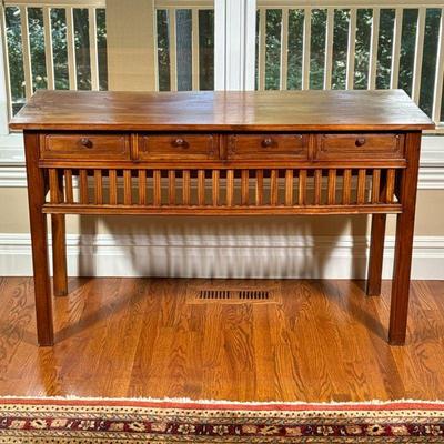 Four Drawer Console Table | Wood console/side table with four drawers over an openwork apron, on straight legs. - l. 52 x w. 20.5 x h....