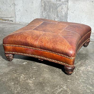 Leather Ottoman | Brown leather footrest/bench with brass tacks. - l. 36 x w. 36 x h. 15 in

