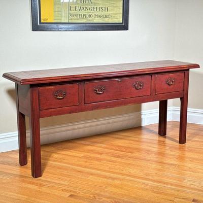 Century Furniture Chinese Style Red Lacquer Console Table | Lacquered style red painted console table of nice large size, with three...