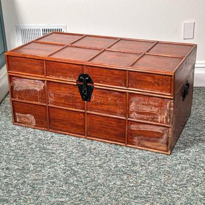 Wooden Storage Trunk | Wood-banded trunk with dark metal hardware. - l. 35.25 x w. 20 x h. 16.5 in

