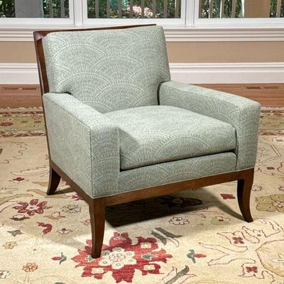 Hickory Chair Co. Lounge Chair | Armchair with dark wood modernized frame upholstered in a green patterned fabric, made by hand by the...