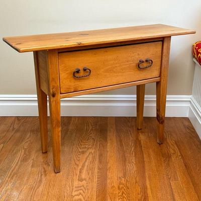 Country Pine Side Table | Overhanging single board top over a deep full width drawer with double iron pulls, on square tapering legs. -...