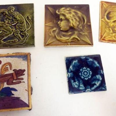 1130	GROUP OF ASSORTED ANTIQUE TILES, MENLO PARK CERAMIC WORKS, TRENT TILE TRENTON NJ & T I & CO, APPROXIMATELY 6 1/4 IN SQUARE
