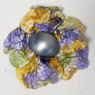 1162	DESIGNER FLORAL PIN BY FABRICE, APPROXIMATELY 3 1/2 IN, MOTTLED YELLOW, PURPLE AND GREEN BROOCH
