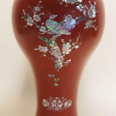 1113	LARGE ASIAN RED ENAMELED VASE W/MOTHER OF PEARL BIRD & FLOWER, APPROXIMATELY 17 IN HIGH
