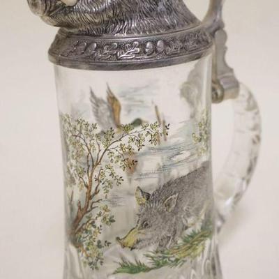 1063	GERMAN GLASS STEIN WITH HAND PAINTED SCENE OF BOAR AND GEESE, EMBOSSED PEWTER BOARS HEAD LID, APPROXIMATELY 9 IN

