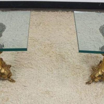 1219	PAIR OF GLASS TOP LAMP TABLES WITH ORNATE METAL AND GILT FINSHED BASES, EACH APPROXIMATELY 19 IN SQ X 17 IN H
