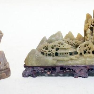 1116	ASIAN CARVED SOAPSTONE MOUNTIAN & VILLAGE LANDSCAPES, LARGEST APPROXIMATELY 6 IN X 4 IN HIGH
