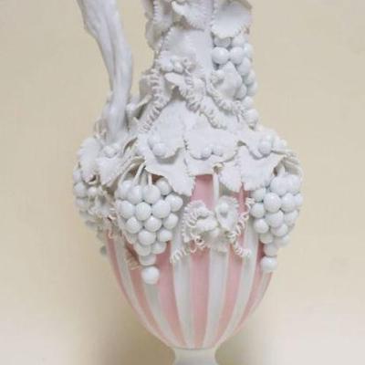 1046	PARIAN WARE PINK RIBBED EWER W/GRAPE CLUSTERS & LEAVES, APPROXIMATELY 14 IN HIGH
