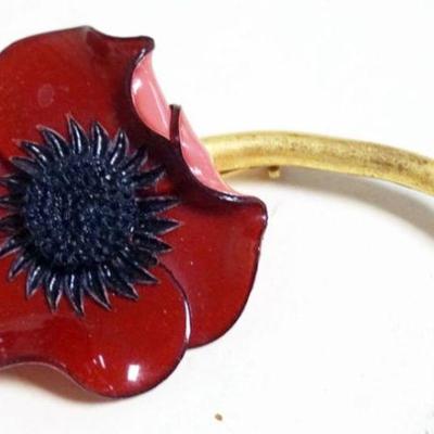 1157	DESIGNER FLORAL PIN BY FABRICE, APPROXIMATELY 4 IN, BLACK AND RED BROOCH
