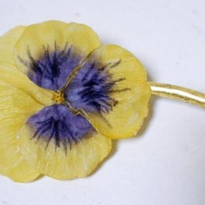 1163	DESIGNER FLORAL PIN BY FABRICE, APPROXIMATELY 4 1/4 IN, YELLOW/PURPLE  BROOCH
