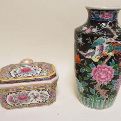 1097	ASIAN PORCELAIN VASE & COVERED DISH, VASE APPROXIMATELY 12 IN HIGH
